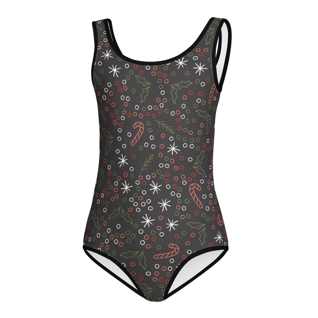 Black one-piece leotard with festive stars candy canes and holly pattern for girls quick drying soft fabric