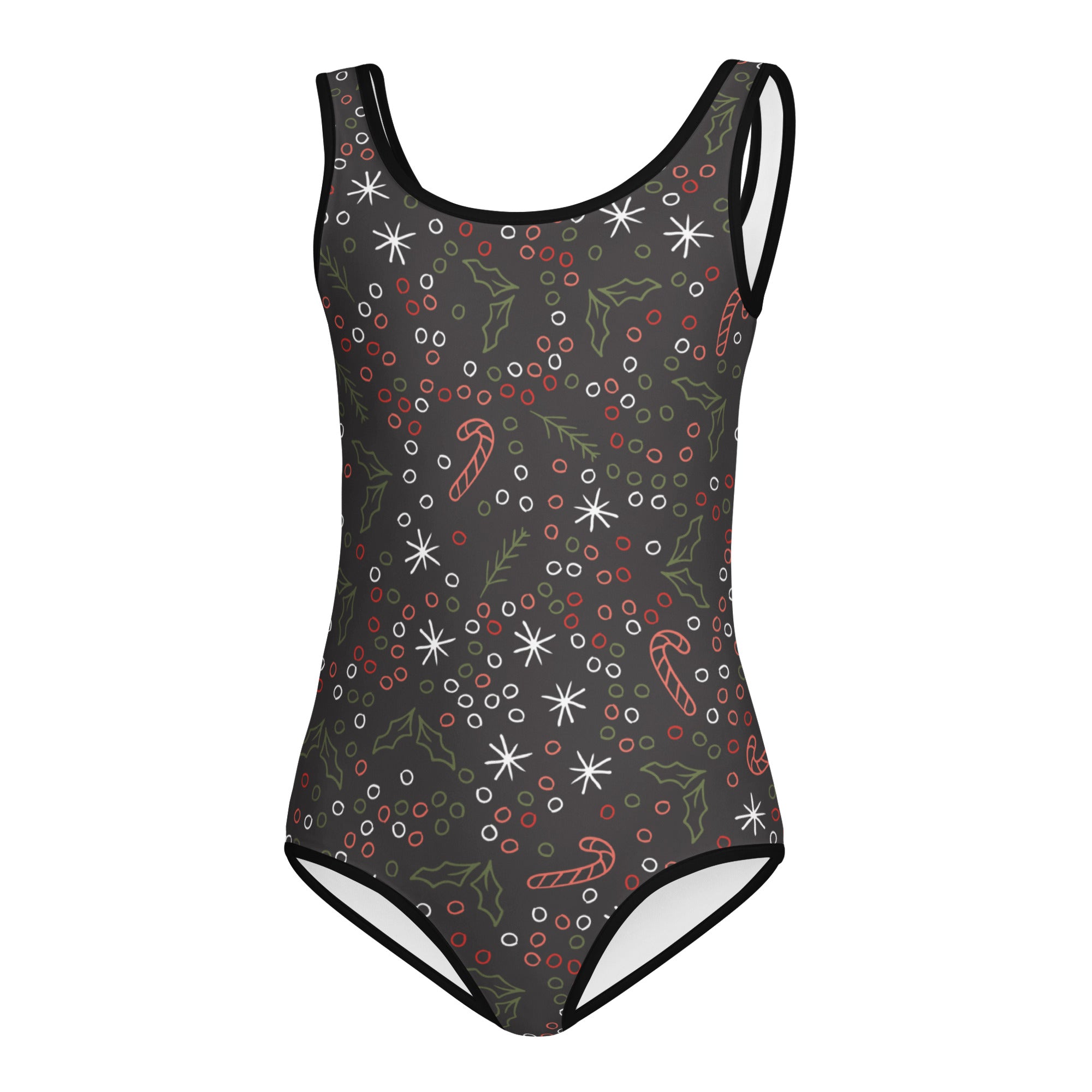 Black one-piece leotard with festive stars candy canes and holly pattern for girls quick drying soft fabric