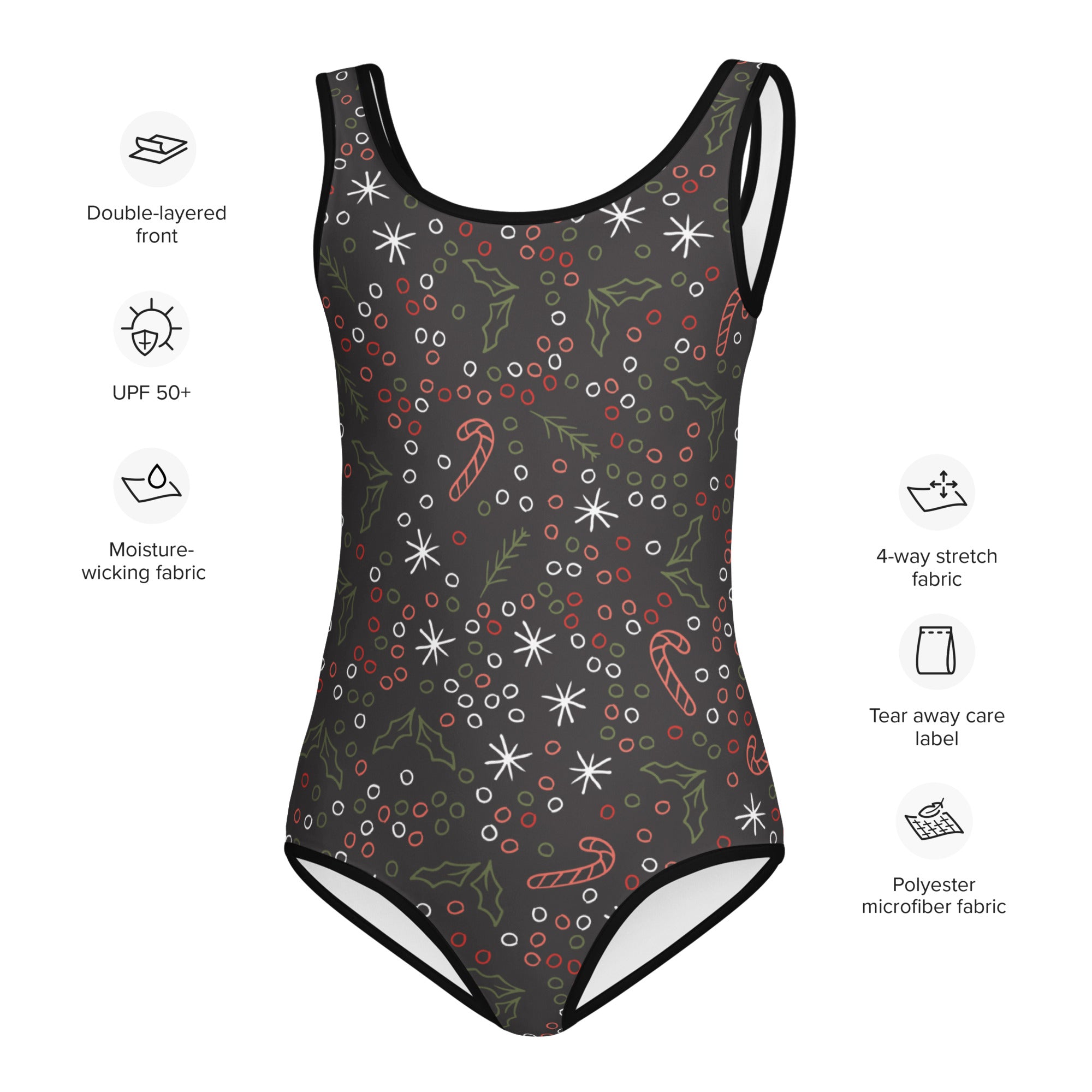 Girls gray candy cane christmas buttery soft swimsuit with upf 50 plus black festive pattern of stars holly and candy canes