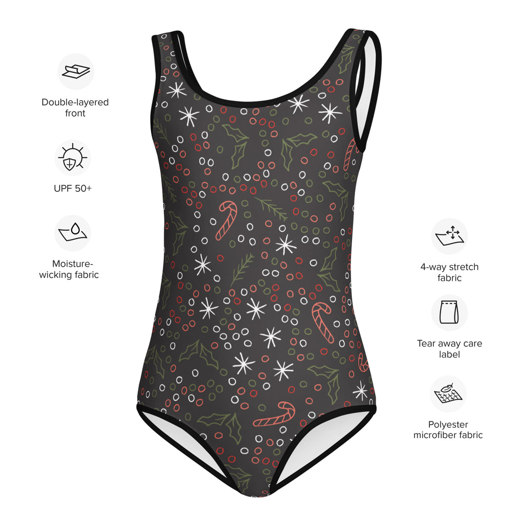 Black one-piece swimsuit with festive holiday stars candy canes and holly pattern for girls quick-dry leotard