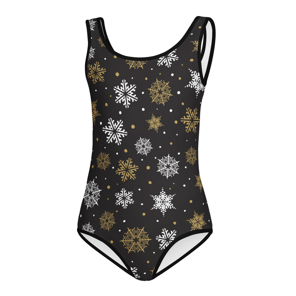 Black one-piece girls leotard with white and gold snowflakes buttery soft quick-drying for dance and gymnastics