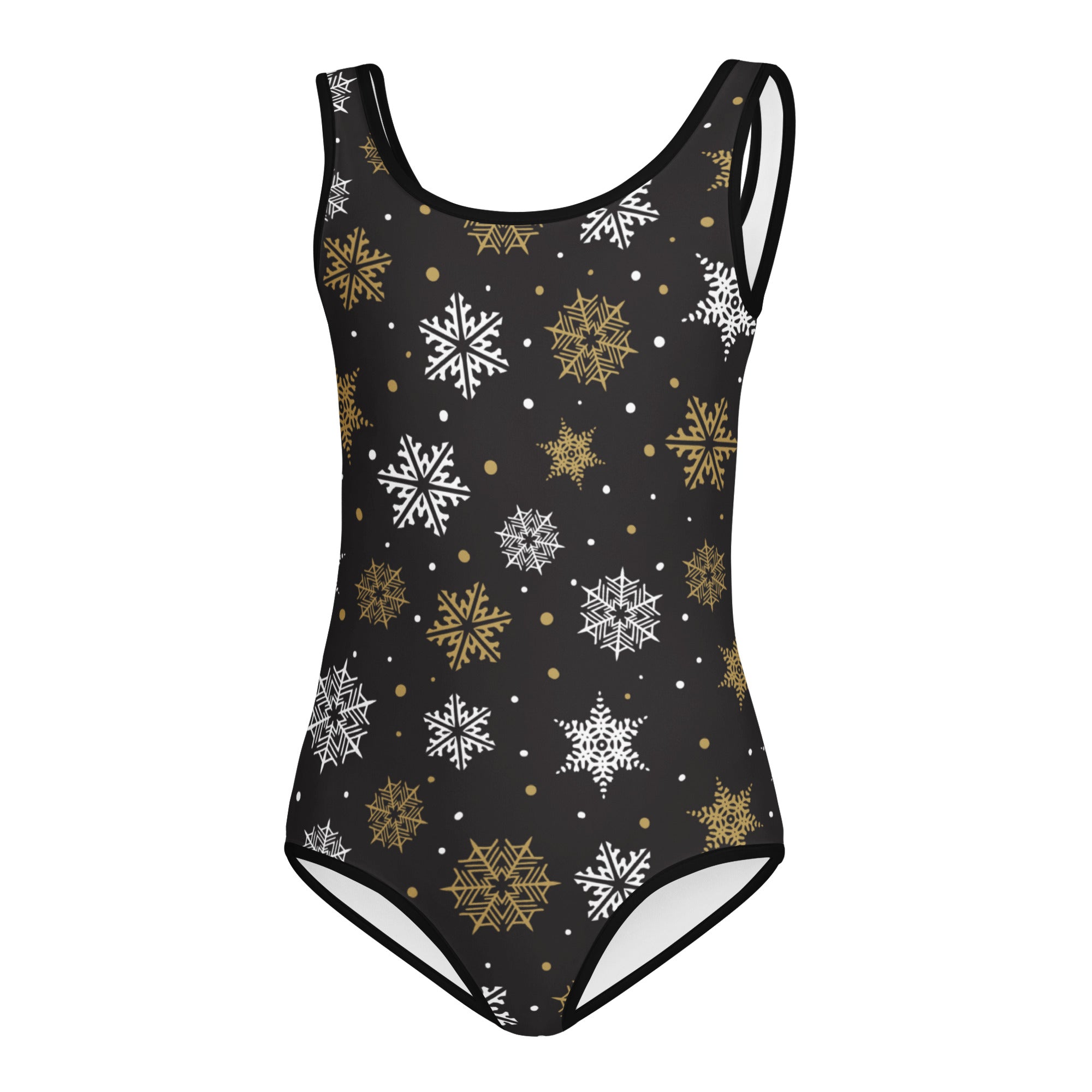 Black one-piece girls leotard with white and gold snowflakes buttery soft quick-drying for dance and gymnastics