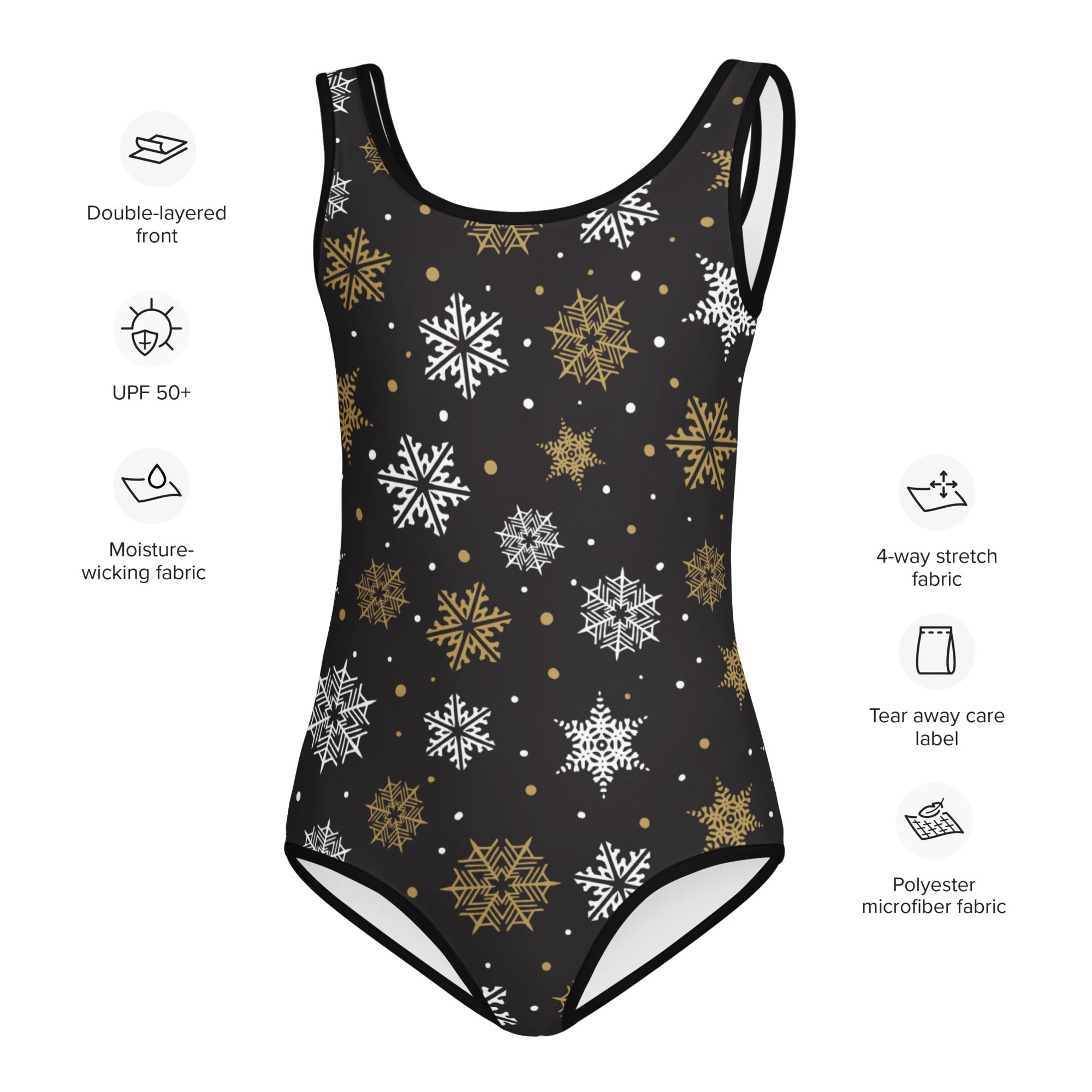 Black one-piece swimsuit with white and gold snowflake pattern made from moisture-wicking polyester microfiber fabric