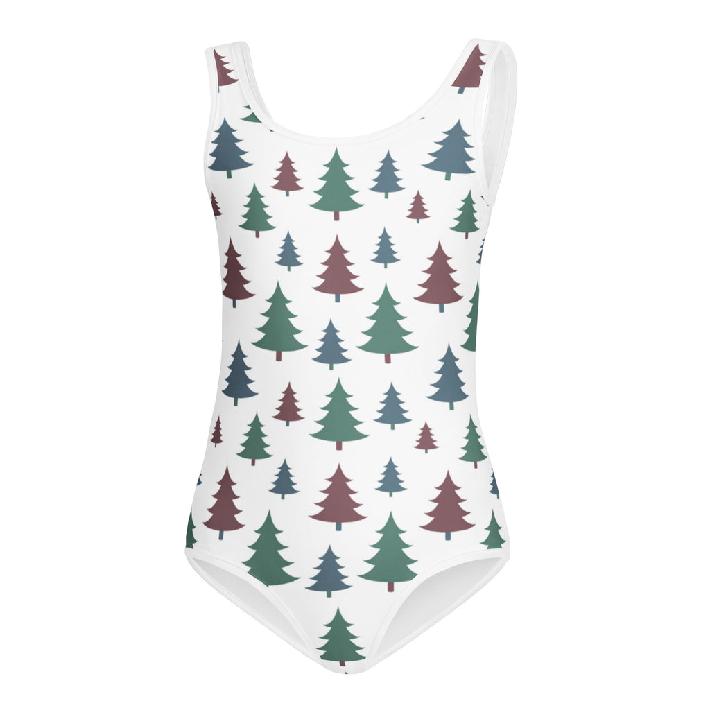 White one-piece swimsuit with green and maroon pine tree pattern buttery soft quick drying for dance and gymnastics