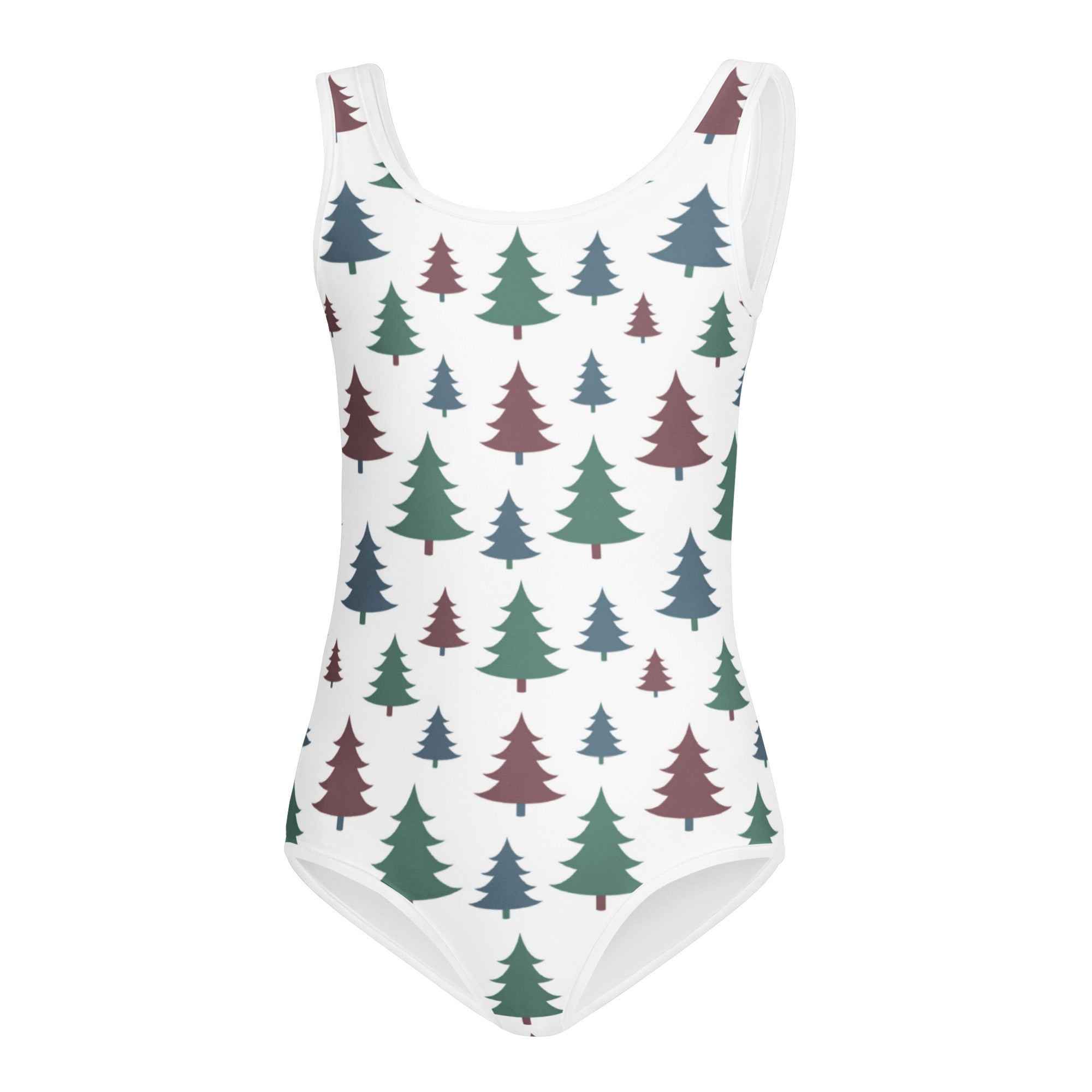 White one-piece swimsuit with green and maroon pine tree pattern buttery soft quick drying for dance and gymnastics