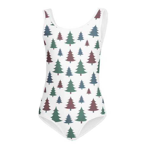 White one-piece swimsuit with green and maroon pine tree pattern buttery soft quick drying for dance and gymnastics