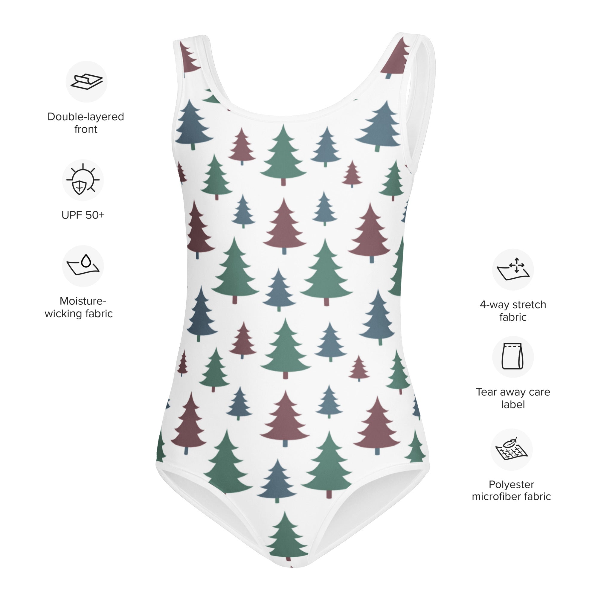 Girls christmas tree buttery soft swimsuit in white with green and maroon pine tree pattern made from polyester microfiber