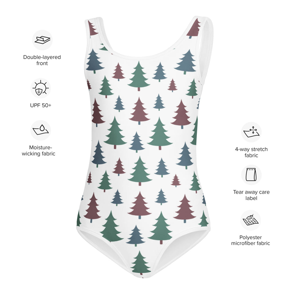 White girls christmas tree buttery soft leotard with green and maroon pine tree pattern made from polyester microfiber