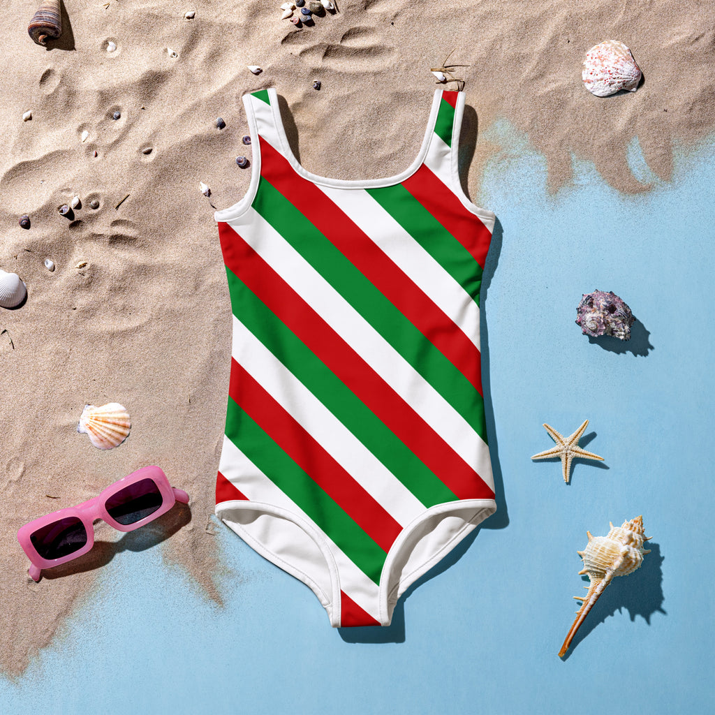 Girls candy cane striped buttery soft one-piece swimsuit with bold red green and white diagonal stripes and UPF 50+ protection