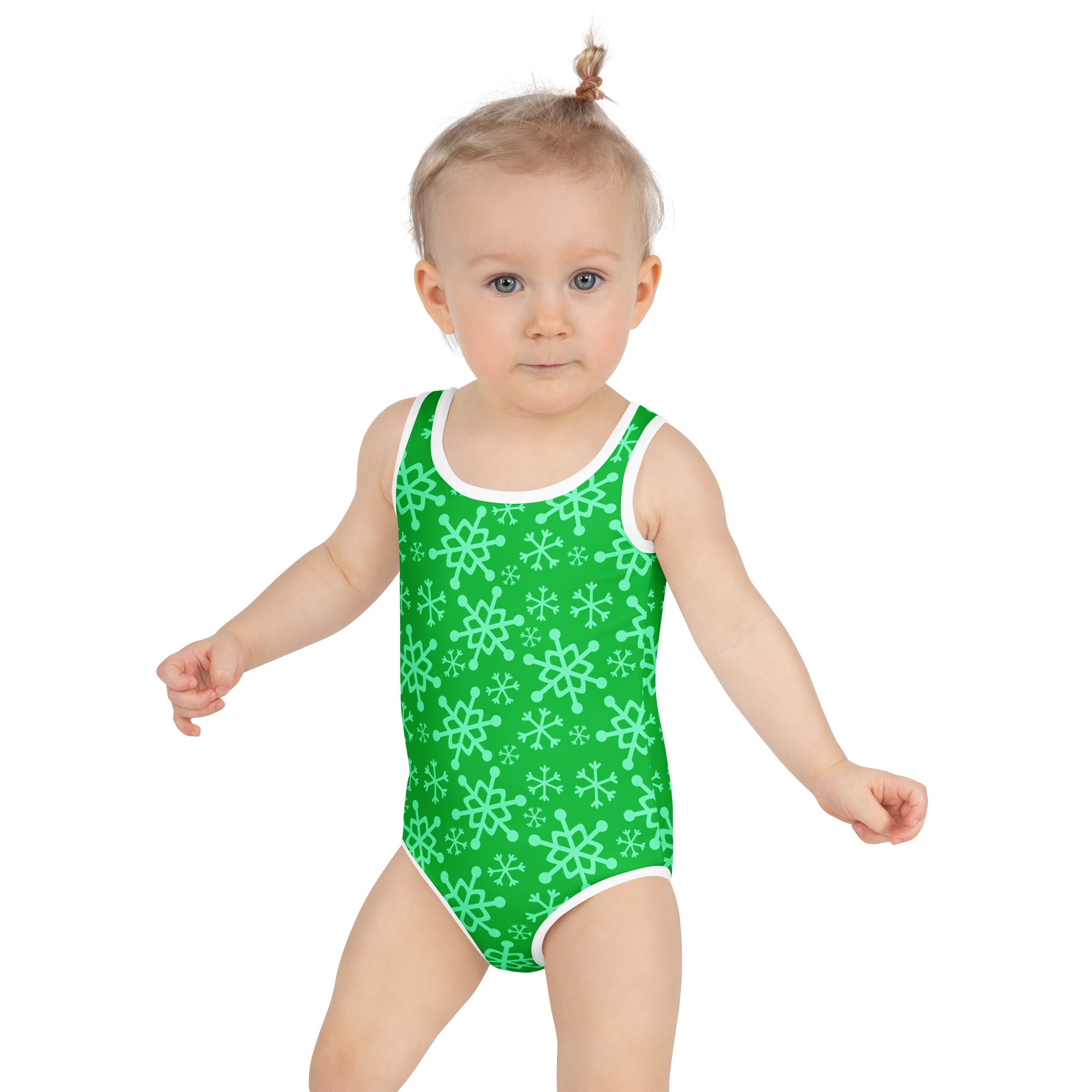Girls green one-piece buttery soft swimsuit with light green snowflake pattern white trim and UPF 50 plus protection