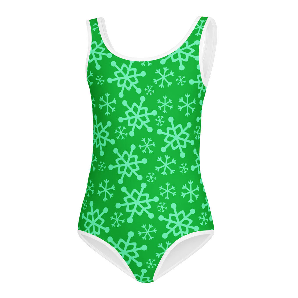 Girls green snowflakes buttery soft one-piece swimsuit with white trim quick drying for dance and gymnastics