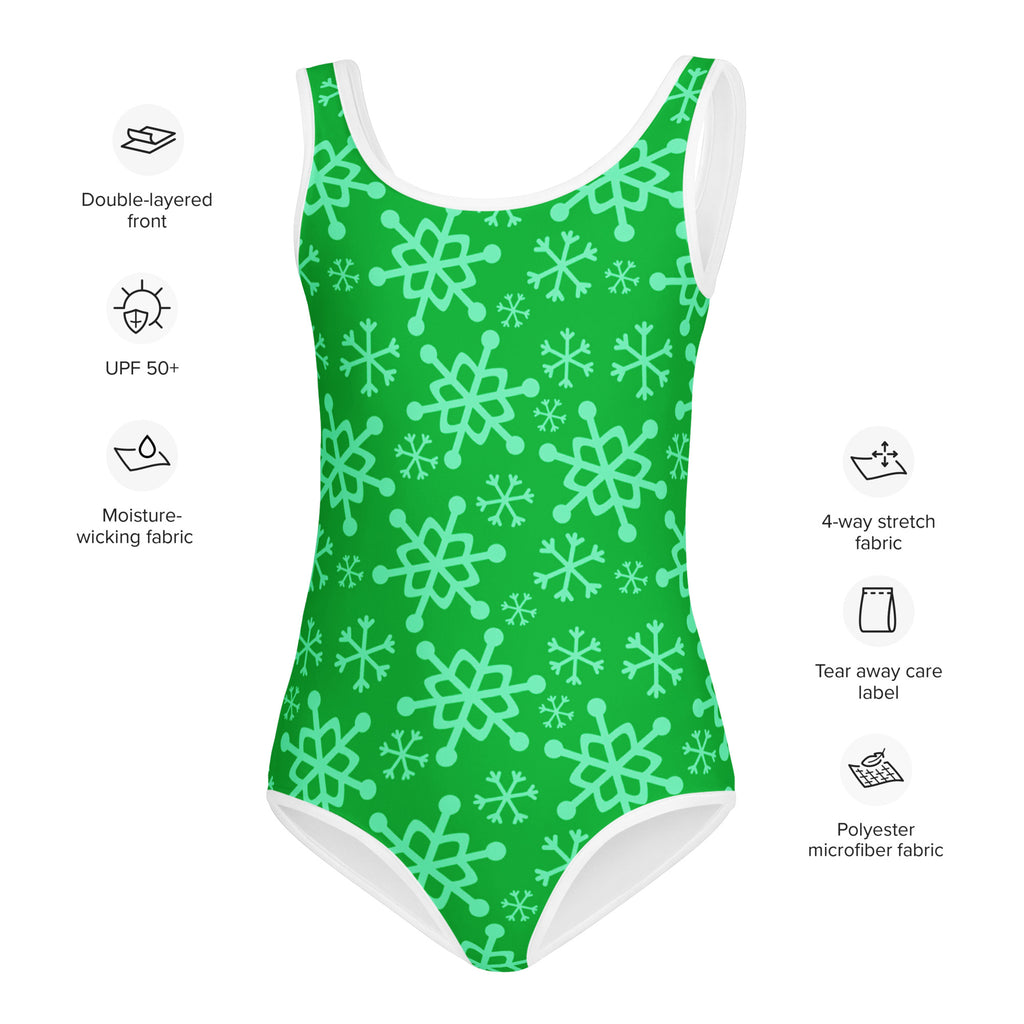 Girls green one-piece swimsuit with light green snowflake pattern white trim buttery soft fabric and UPF 50+ protection