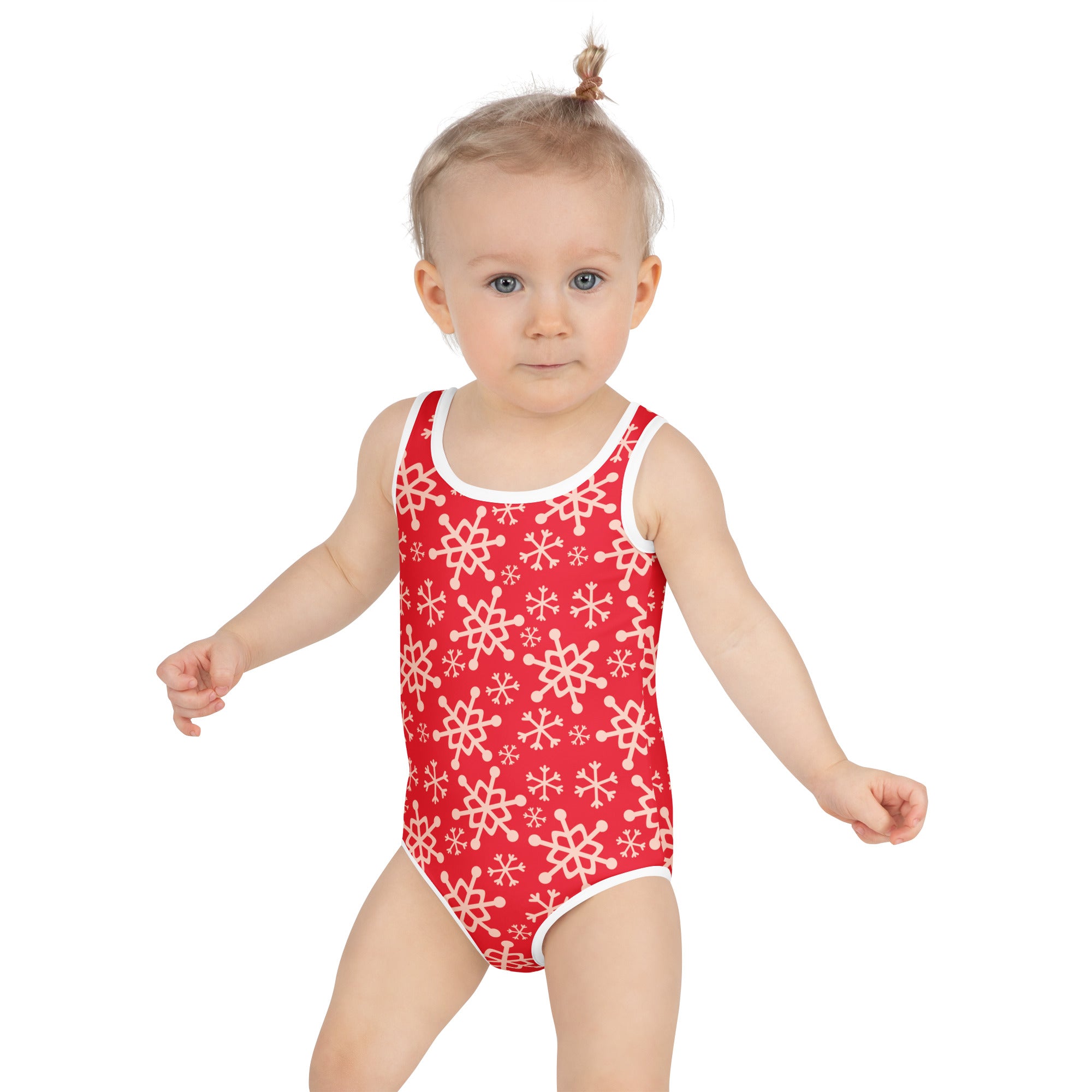 Girls red one-piece swimsuit with white snowflake pattern white trim buttery soft fabric UPF 50 plus protection