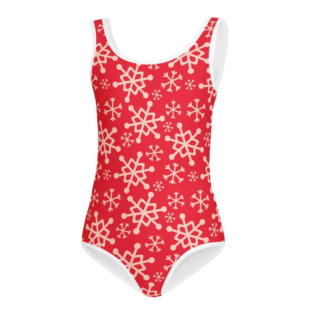 Girls red snowflakes buttery soft quick drying one-piece leotard with white trim for dance and gymnastics