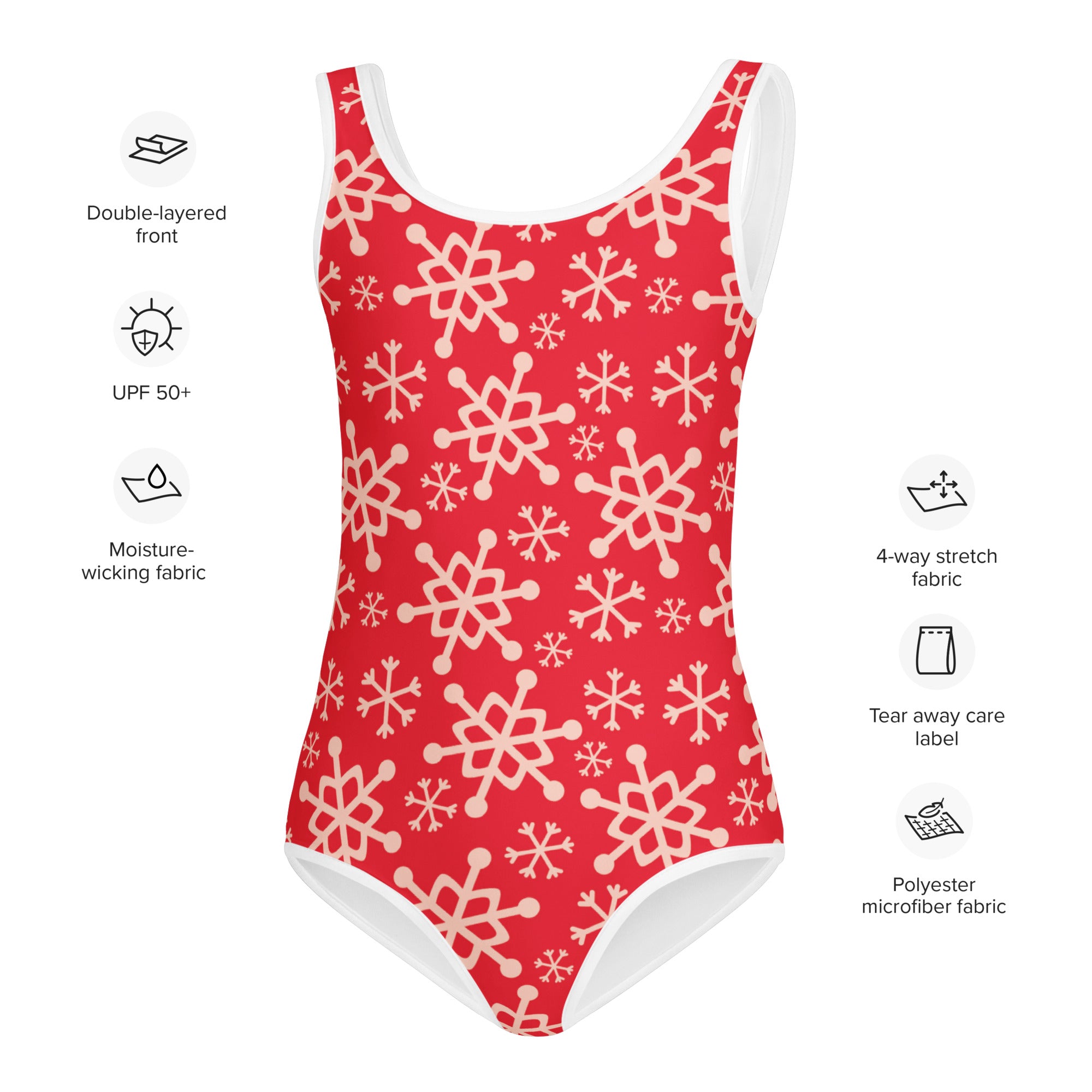 Girls red one-piece swimsuit with white snowflake pattern and trim made of buttery soft fabric with UPF 50+ protection
