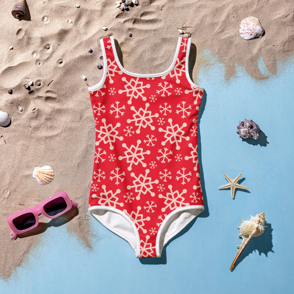 Girls red one-piece swimsuit with white snowflake pattern and trim buttery soft fabric upf 50+ protection