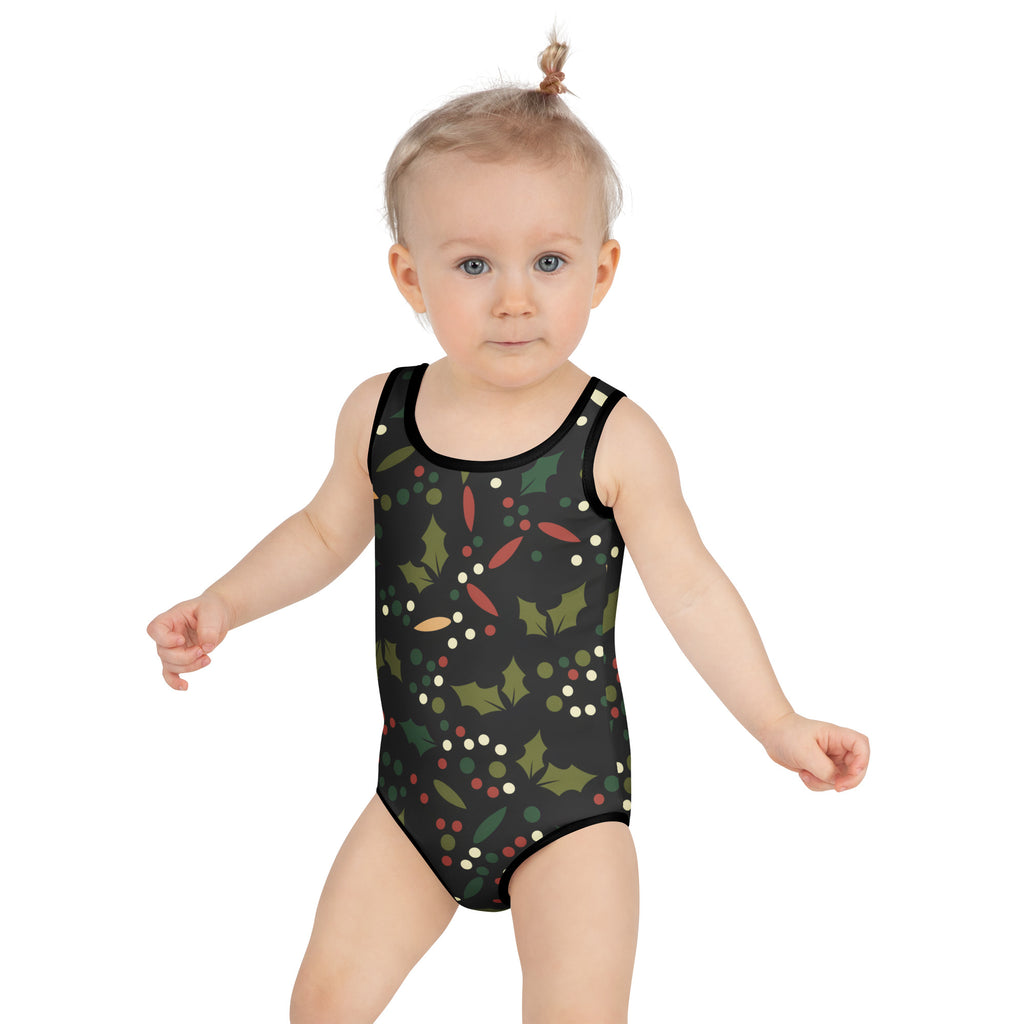 Girls holly berry christmas buttery soft black one-piece swimsuit with green holly leaves red berries and upf 50+