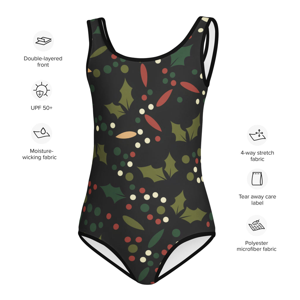 Black one-piece girls leotard with holly berry pattern buttery soft quick drying for dance and gymnastics