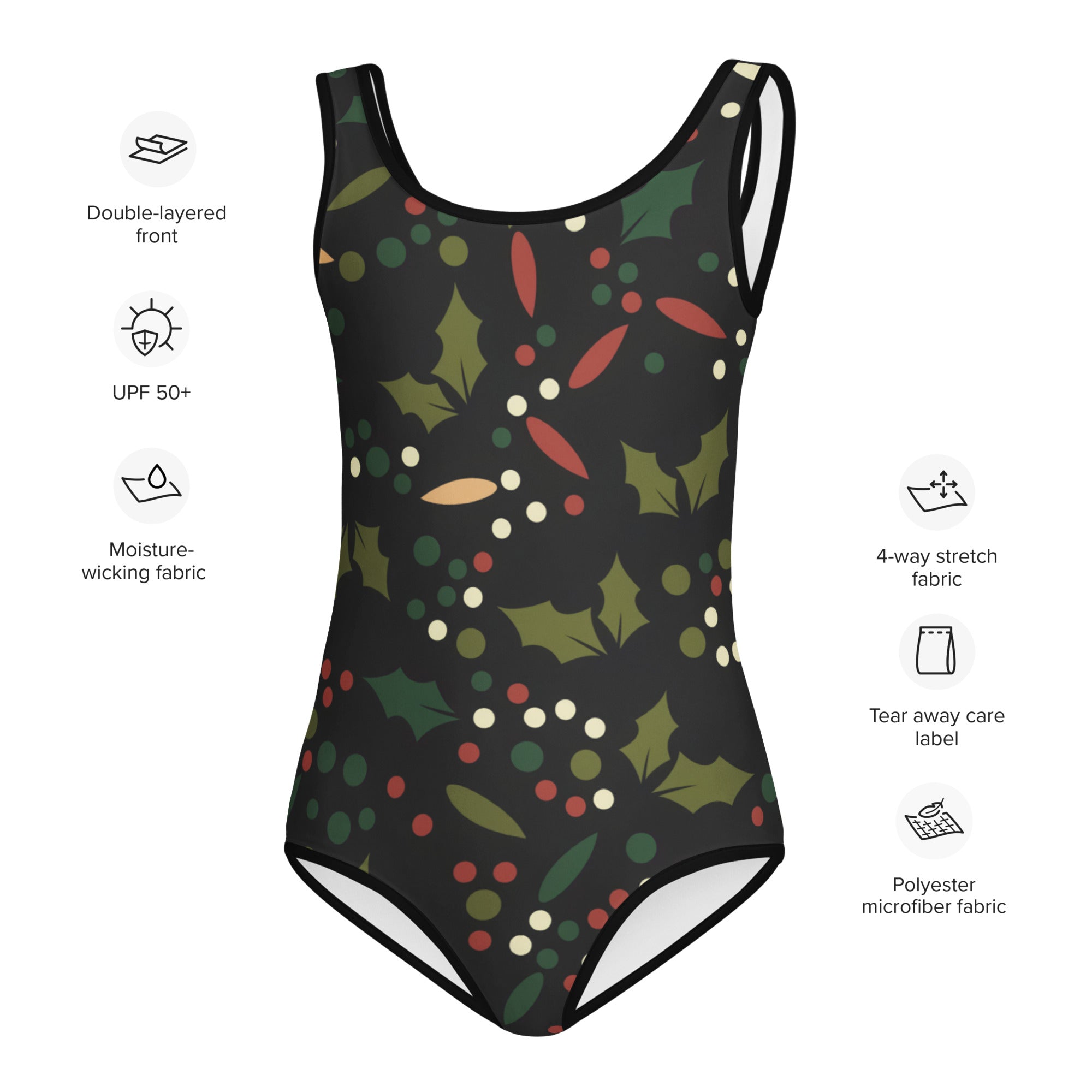 Black one-piece girls leotard with holly berry pattern buttery soft quick drying for dance and gymnastics