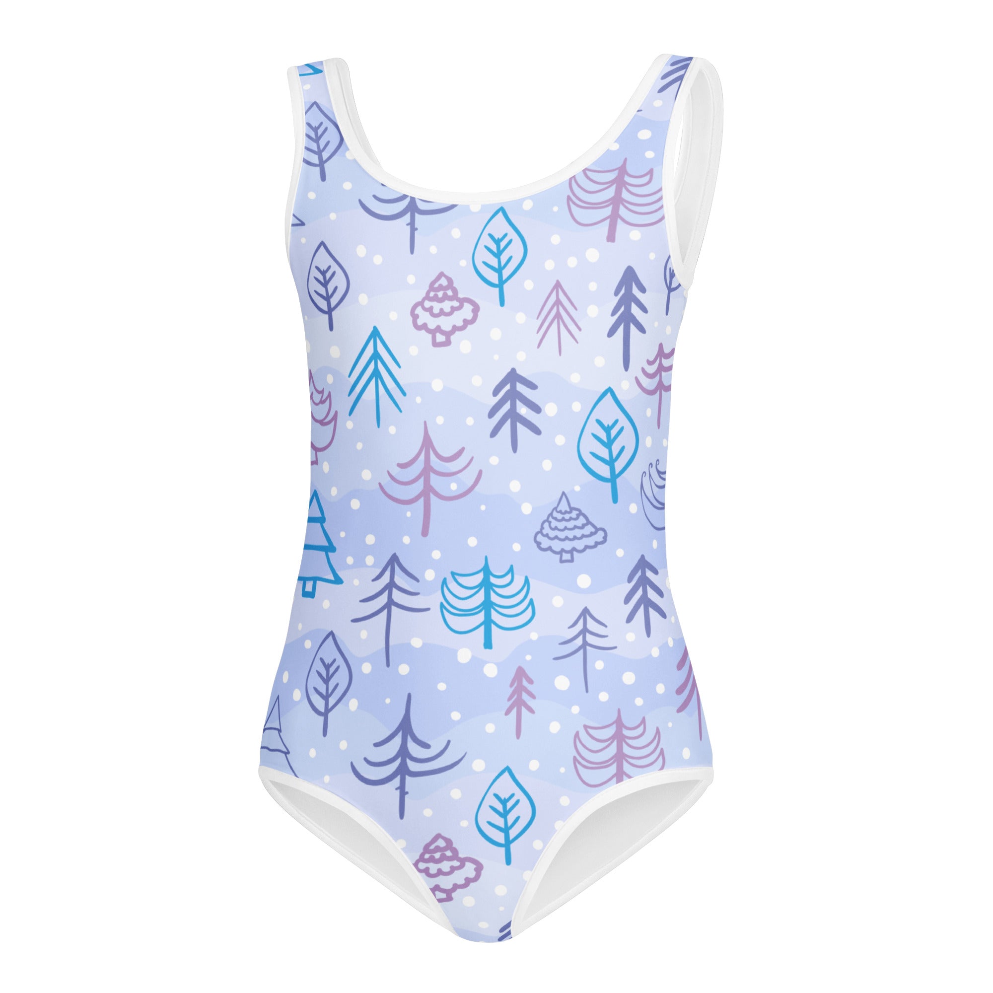 Girls winter trees buttery soft light blue one-piece swimsuit with teal purple pink forest pattern for dance and gymnastics