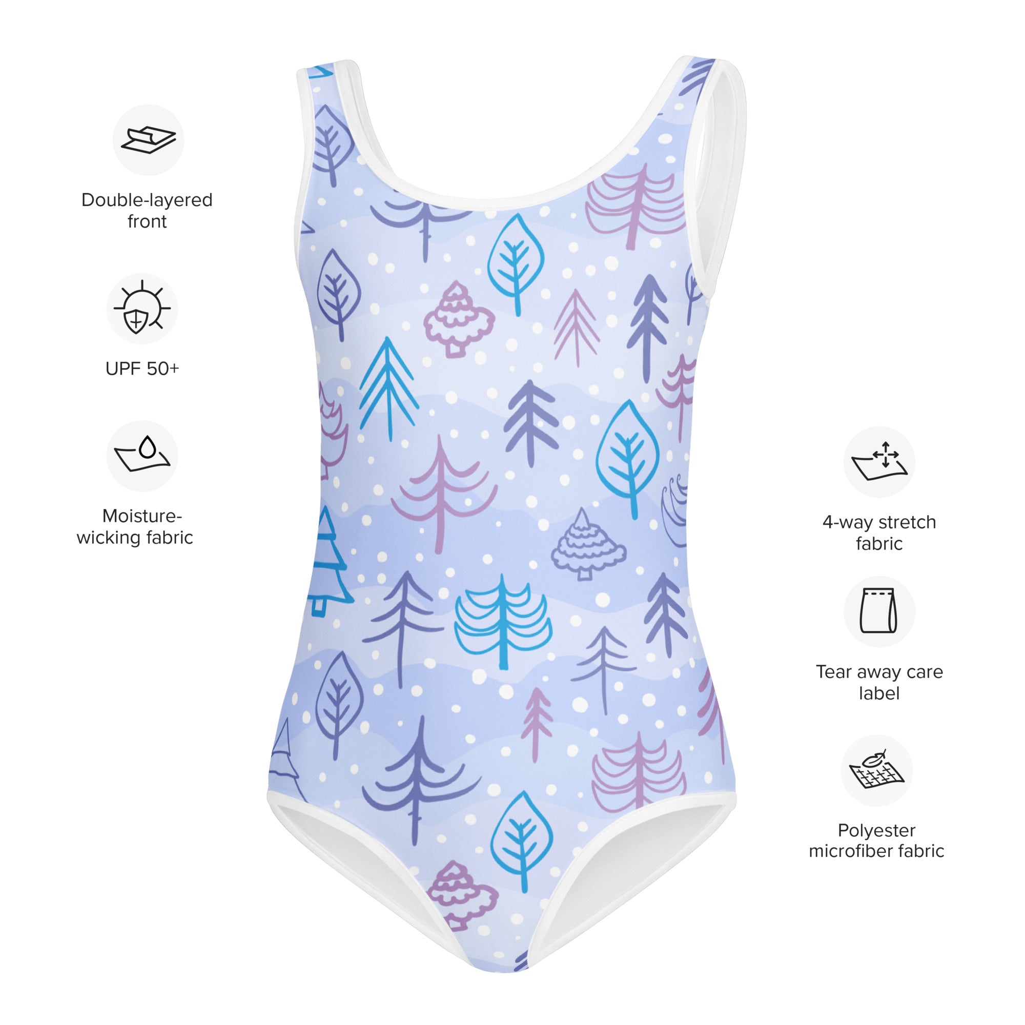 Girls winter forest buttery soft light blue one-piece swimsuit with playful teal purple pink tree pattern and UPF 50+