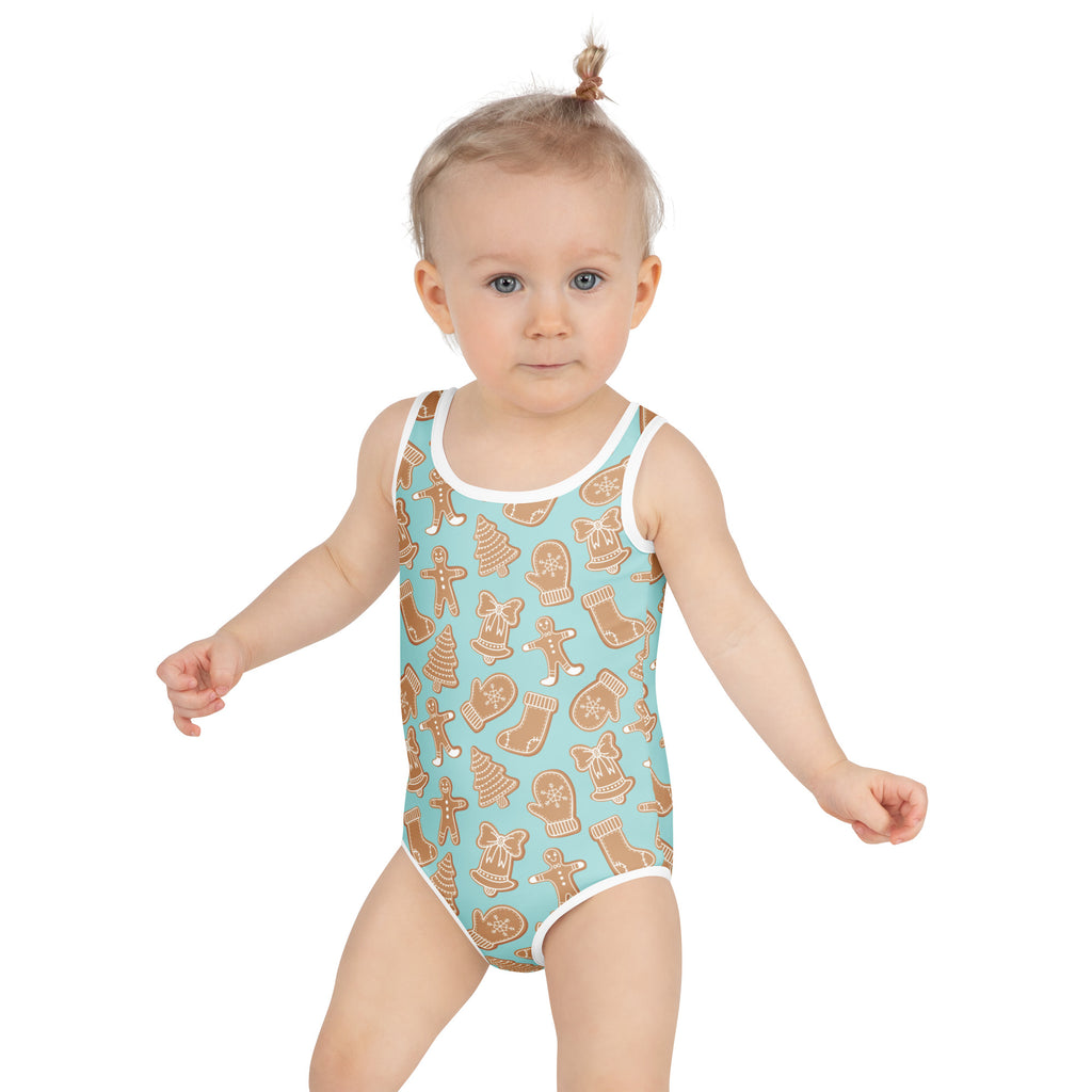 Turquoise girls gingerbread christmas buttery soft one-piece swimsuit with brown cookie prints and upf 50+ protection
