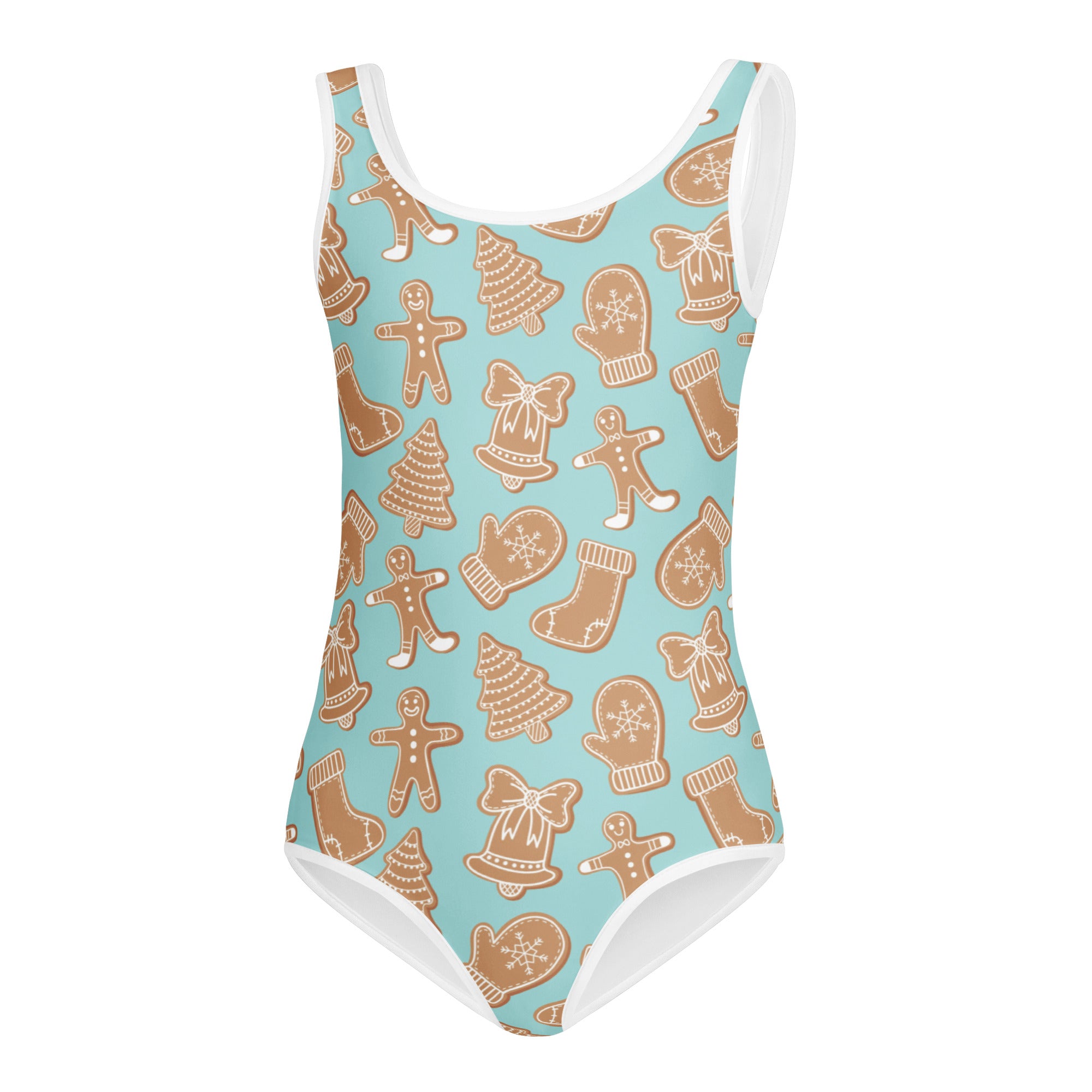 Turquoise girls leotard with white trim and gingerbread cookie pattern quick drying for dance and gymnastics
