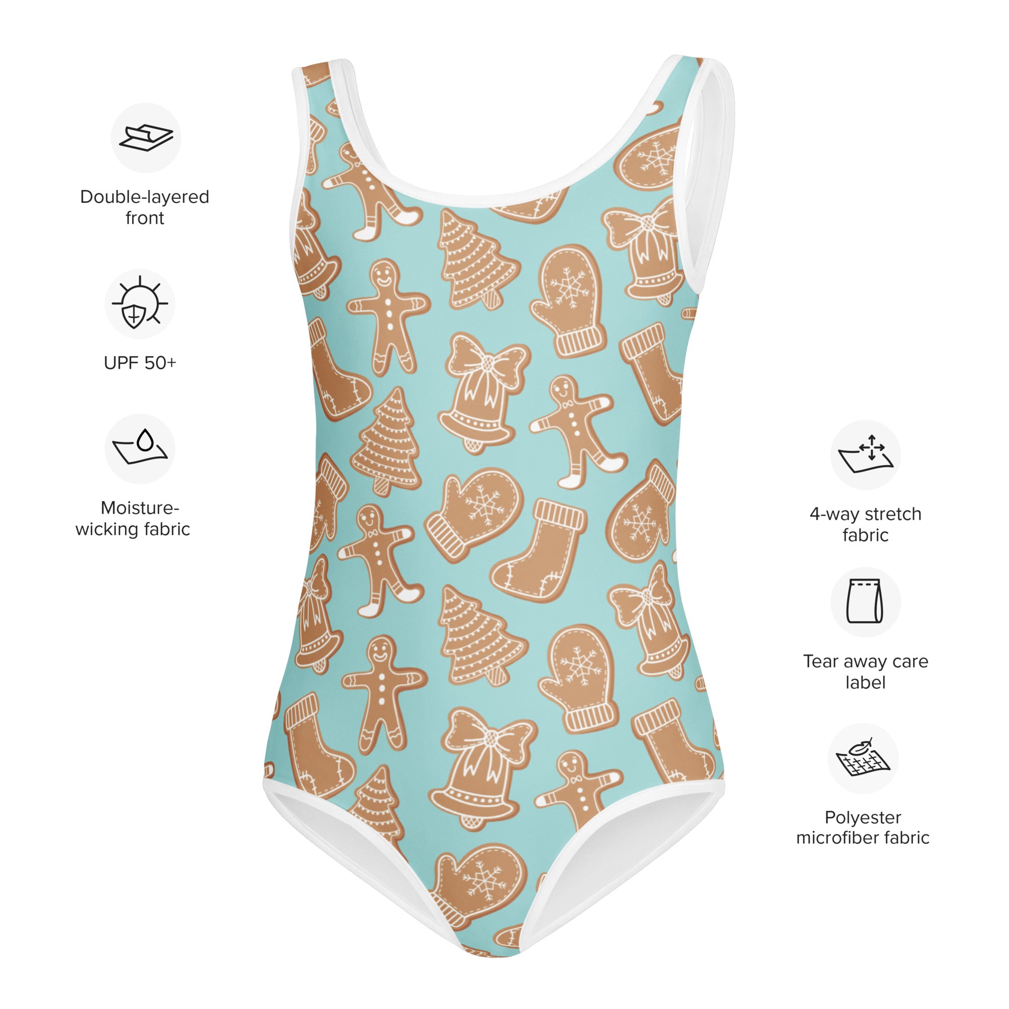 A light blue girls one-piece swimsuit with gingerbread pattern and moisture-wicking polyester microfiber fabric