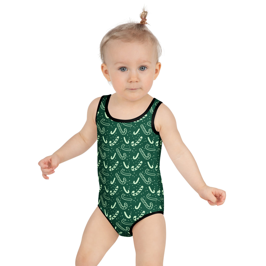Girls green candy cane one-piece swimsuit with buttery soft fabric black trim and upf 50 plus sun protection