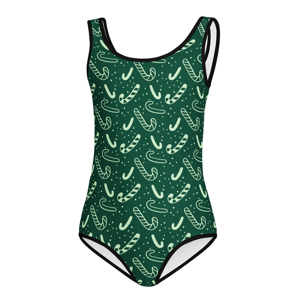 Girls green candy cane Christmas buttery soft one-piece swimsuit with black trim for dance and gymnastics