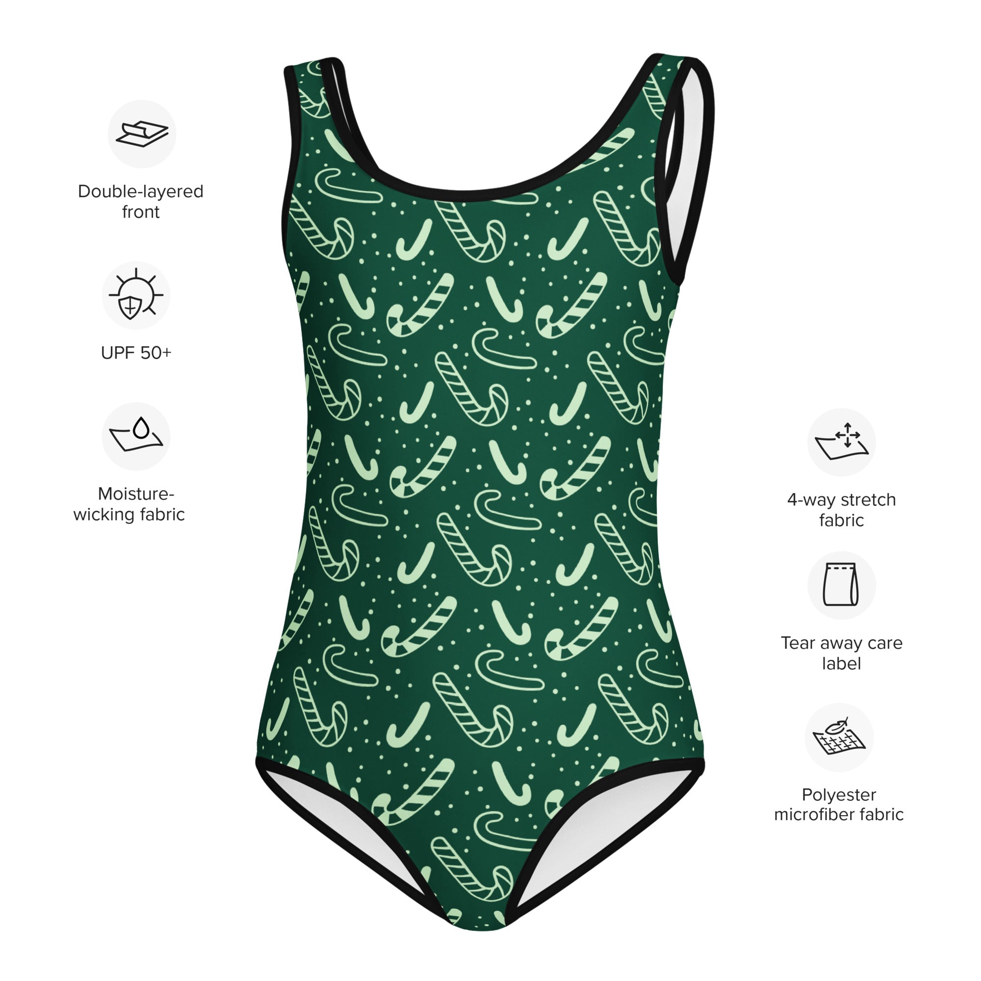 Girls green candy cane Christmas buttery soft one-piece swimsuit with black trim quick drying for dance and gymnastics