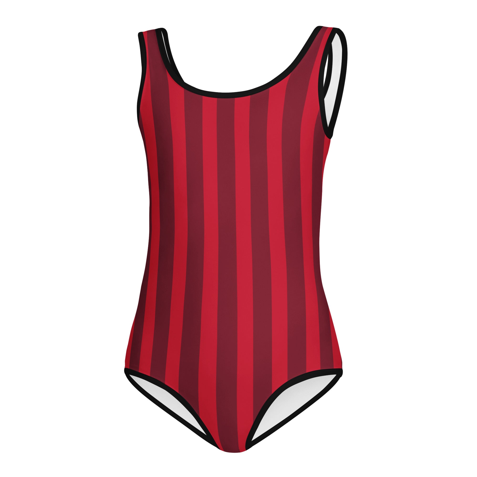 Girls red and maroon striped buttery soft one-piece swimsuit with black trim and white lining for dance and gymnastics