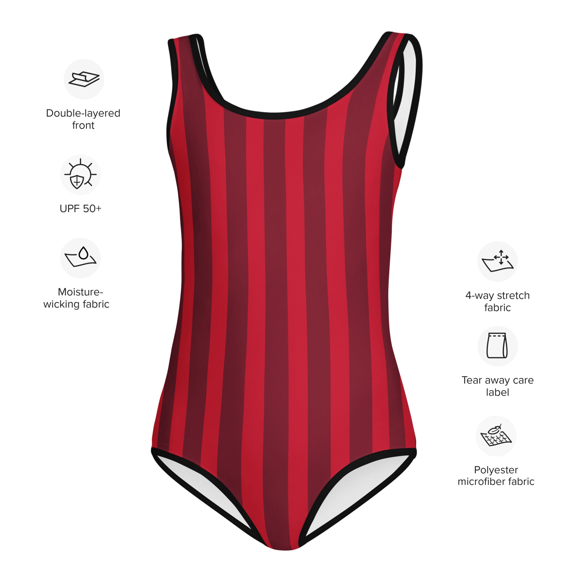 Girls red and black vertically striped one-piece swimsuit made of buttery soft polyester microfiber with UPF 50+ protection