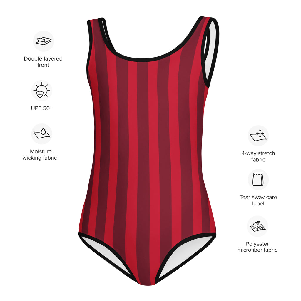 Girls red and maroon striped buttery soft one-piece swimsuit made of polyester microfiber for dance and gymnastics