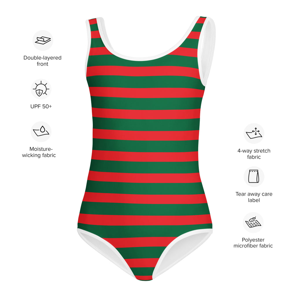 Girls festive christmas stripes buttery soft red and green striped swimsuit with white trim and upf 50+ protection