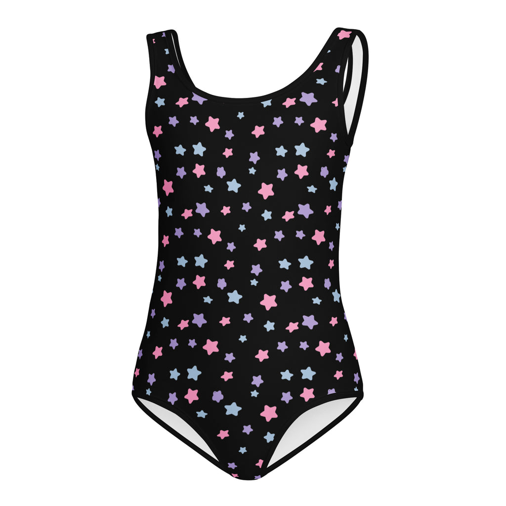 Black girls pastel star buttery soft quick drying one-piece swimsuit with pink blue and lavender stars for dance and gymnastics