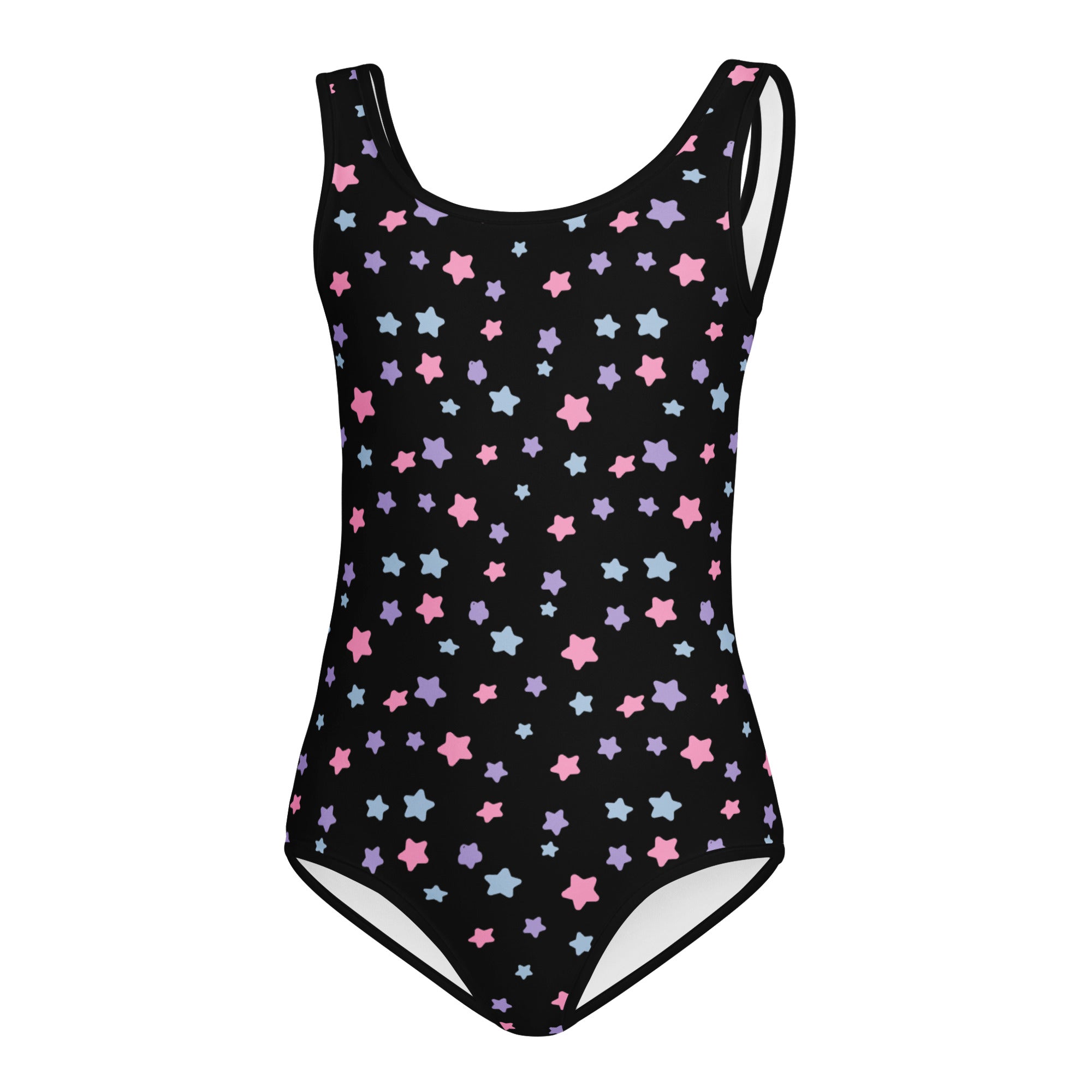 Black girls pastel star buttery soft quick drying one-piece swimsuit with pink blue and lavender stars for dance and gymnastics