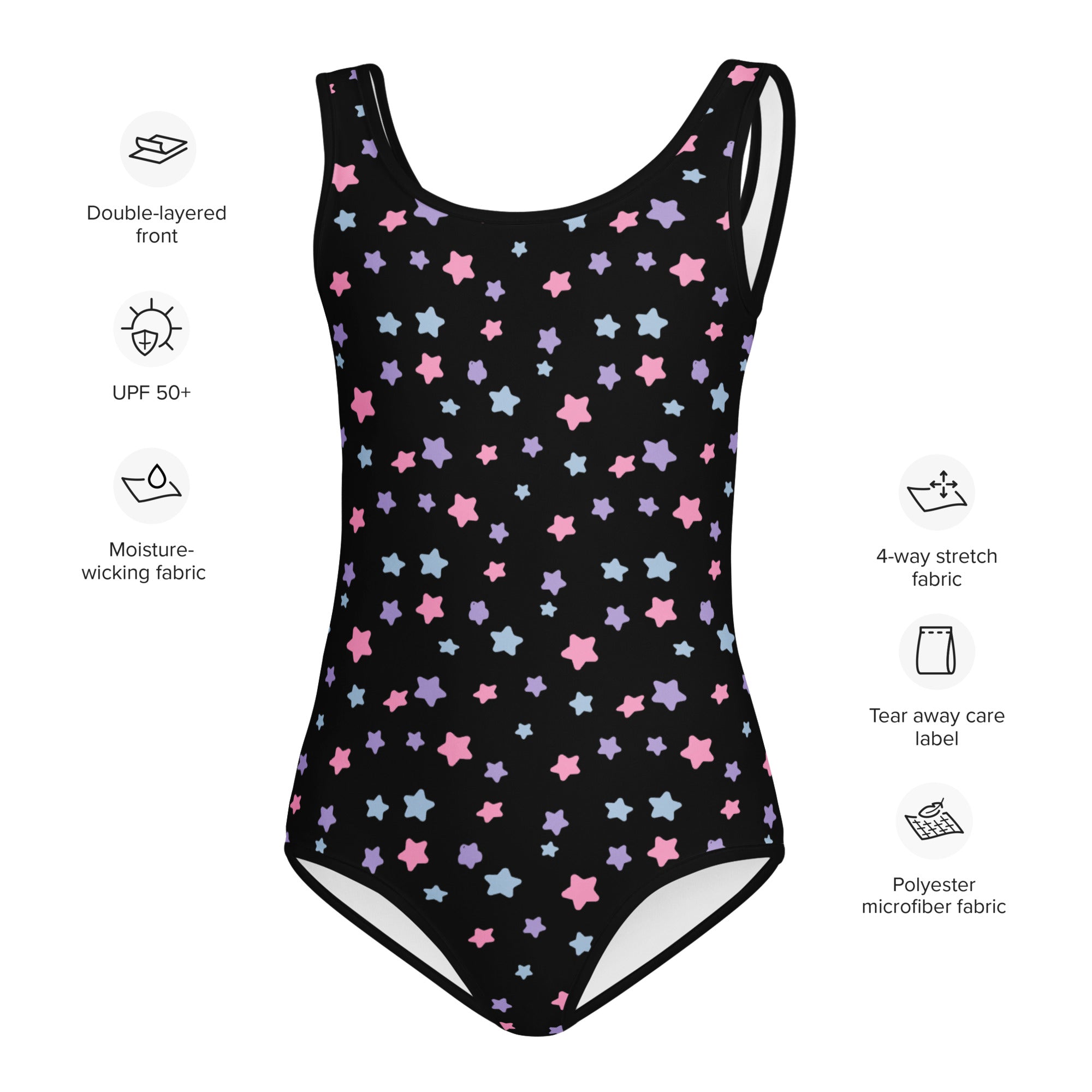 Black girls one-piece swimsuit with pastel star pattern on double-layered front made of quick-drying polyester microfiber
