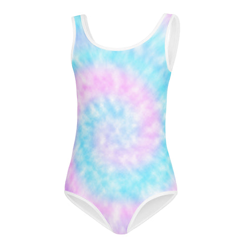 Girls faux tie dye buttery soft leotard in pastel blue and pink with white trim for dance and gymnastics quick drying
