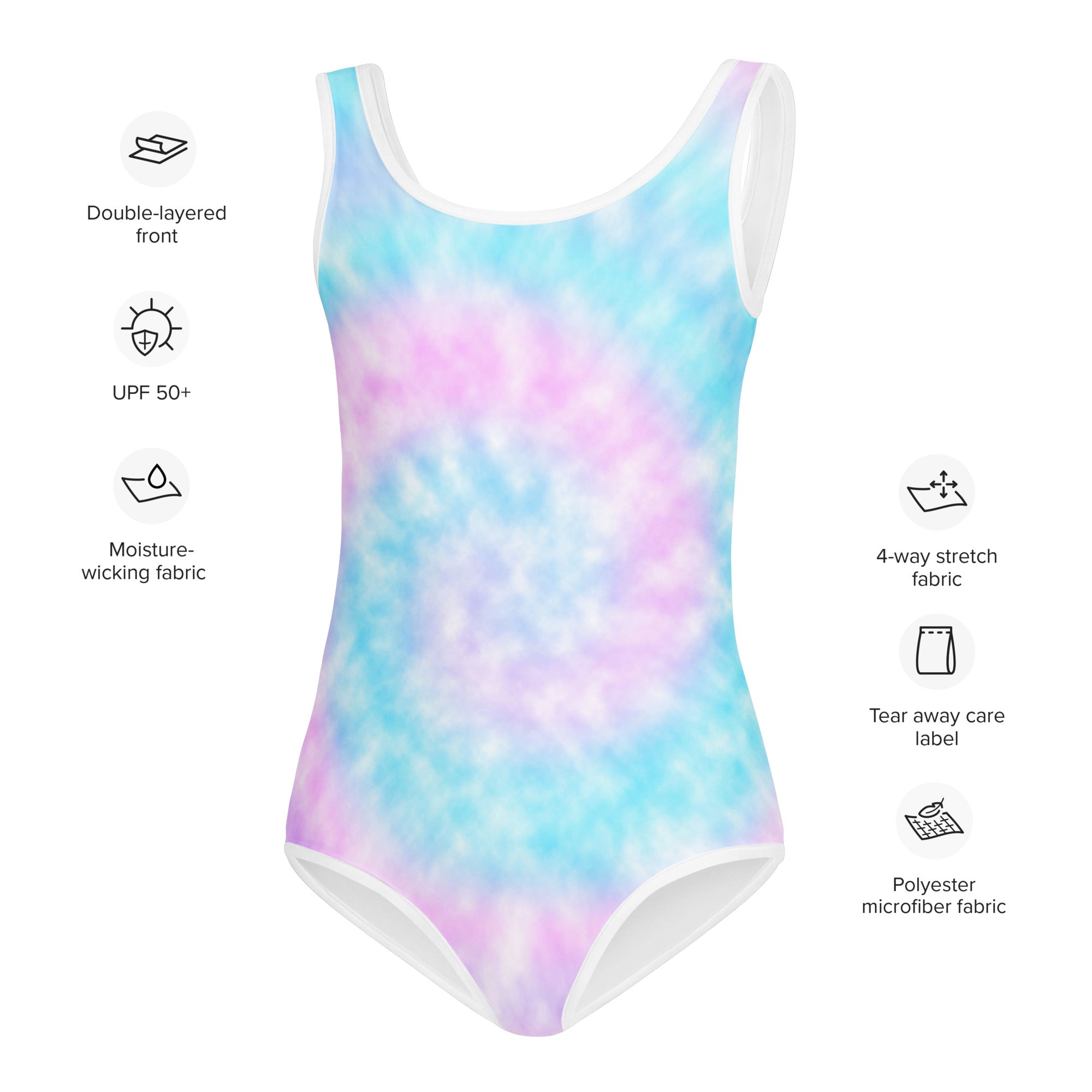 Girls faux tie dye buttery soft one-piece swimsuit in pastel light blue pink and white made of quick drying polyester microfiber
