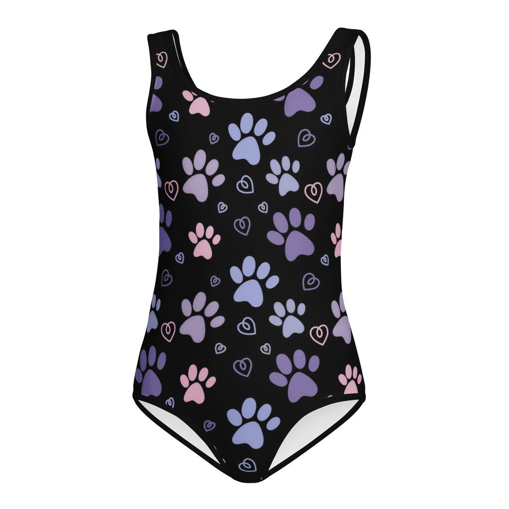 Black girls paw print buttery soft leotard with pastel purple and pink paw prints and hearts for dance and gymnastics