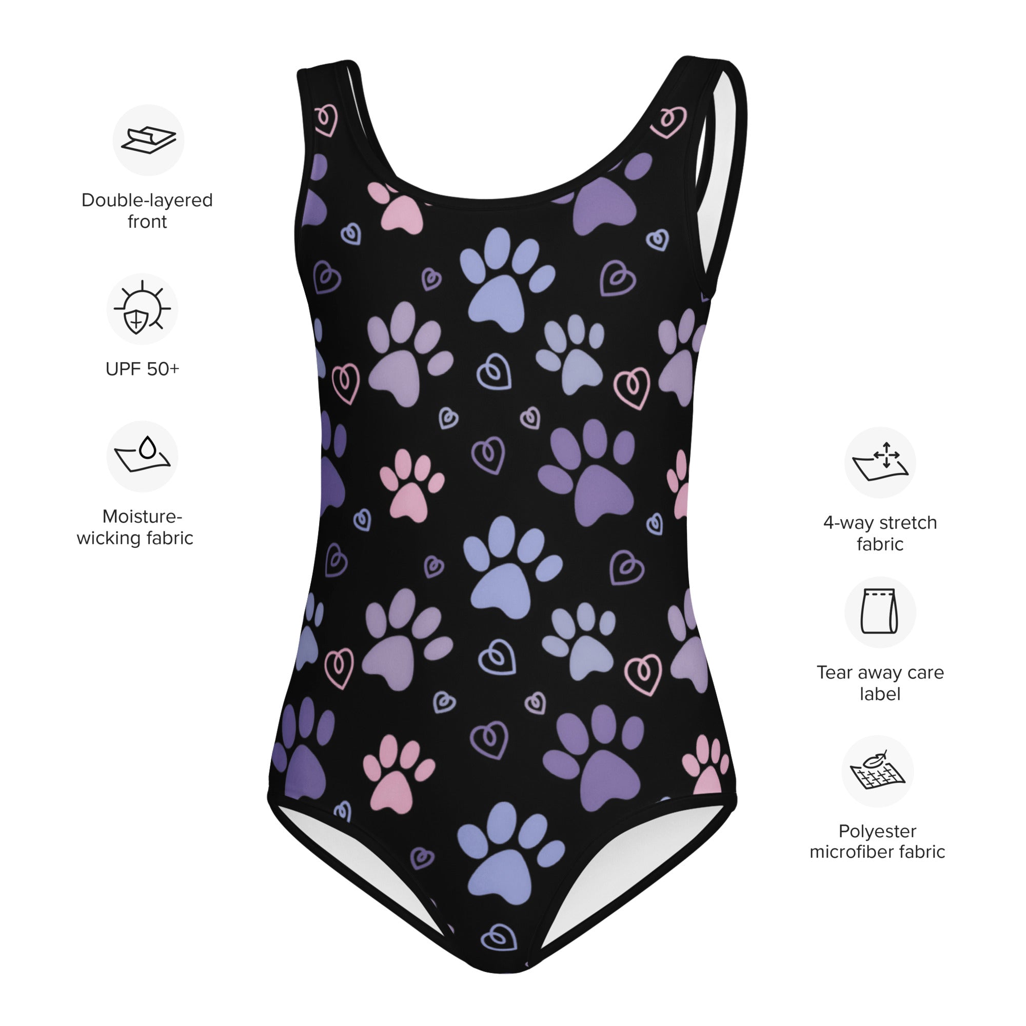 Black girls paw print leotard with purple and pink hearts on moisture-wicking polyester for dance and gymnastics