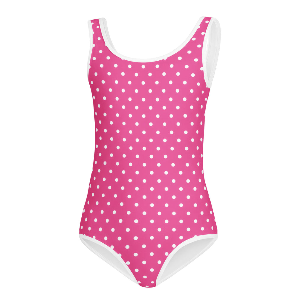 Girls pink polka dots buttery soft quick drying leotard with white trim for dance and gymnastics