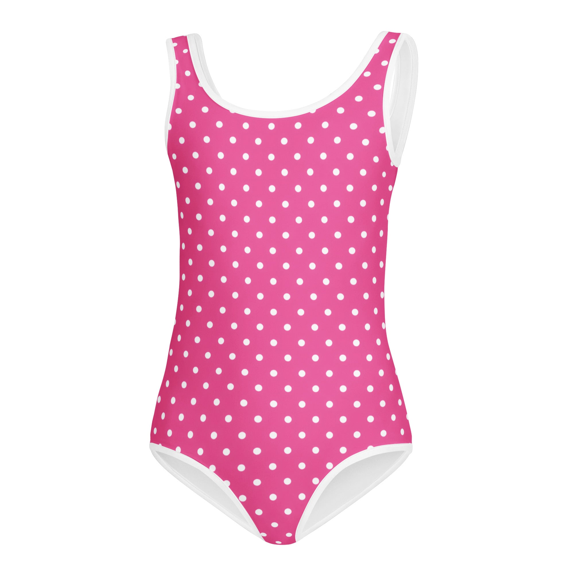 Girls pink polka dots buttery soft quick drying leotard with white trim for dance and gymnastics