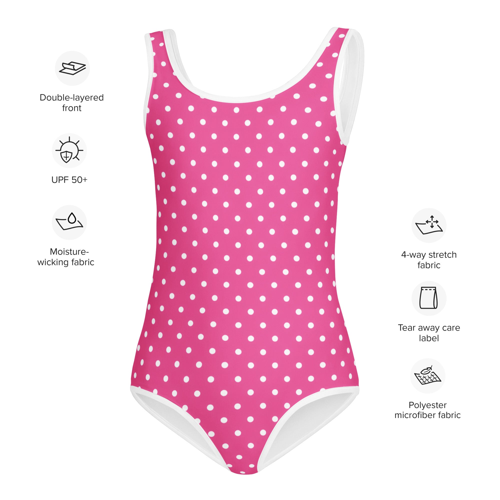 Girls pink polka dots buttery soft quick drying leotard with white trim for dance and gymnastics