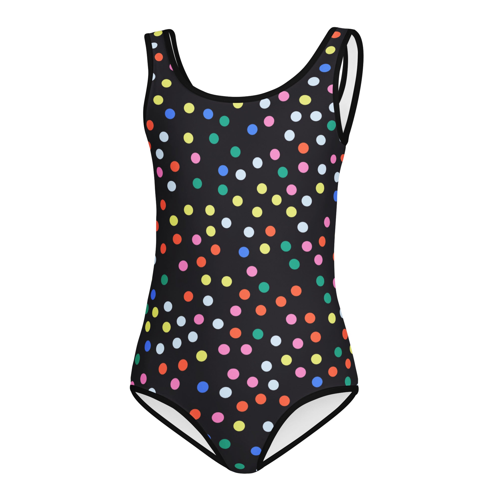 Black girls one-piece leotard with colorful rainbow polka dots made of buttery soft quick drying fabric for dance and gymnastics