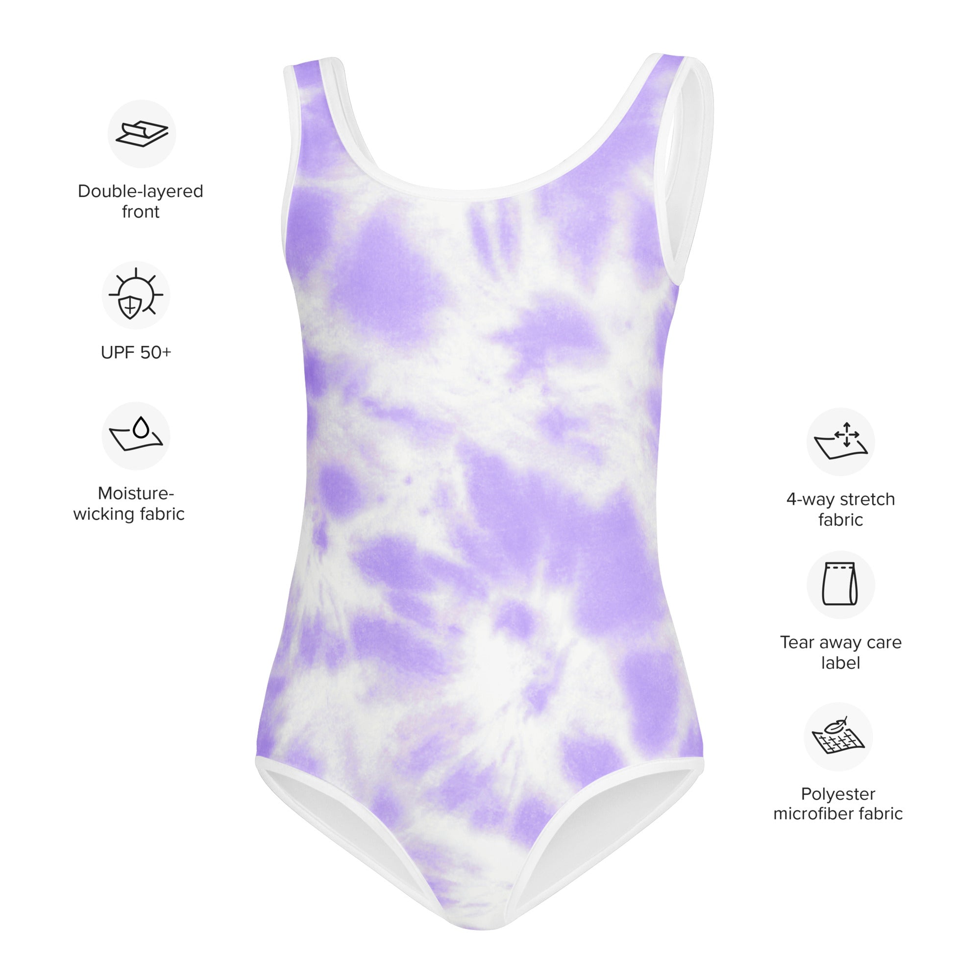 Girls purple tie dye buttery soft leotard in lavender and white polyester microfiber with double-layered front for dance and gymnastics