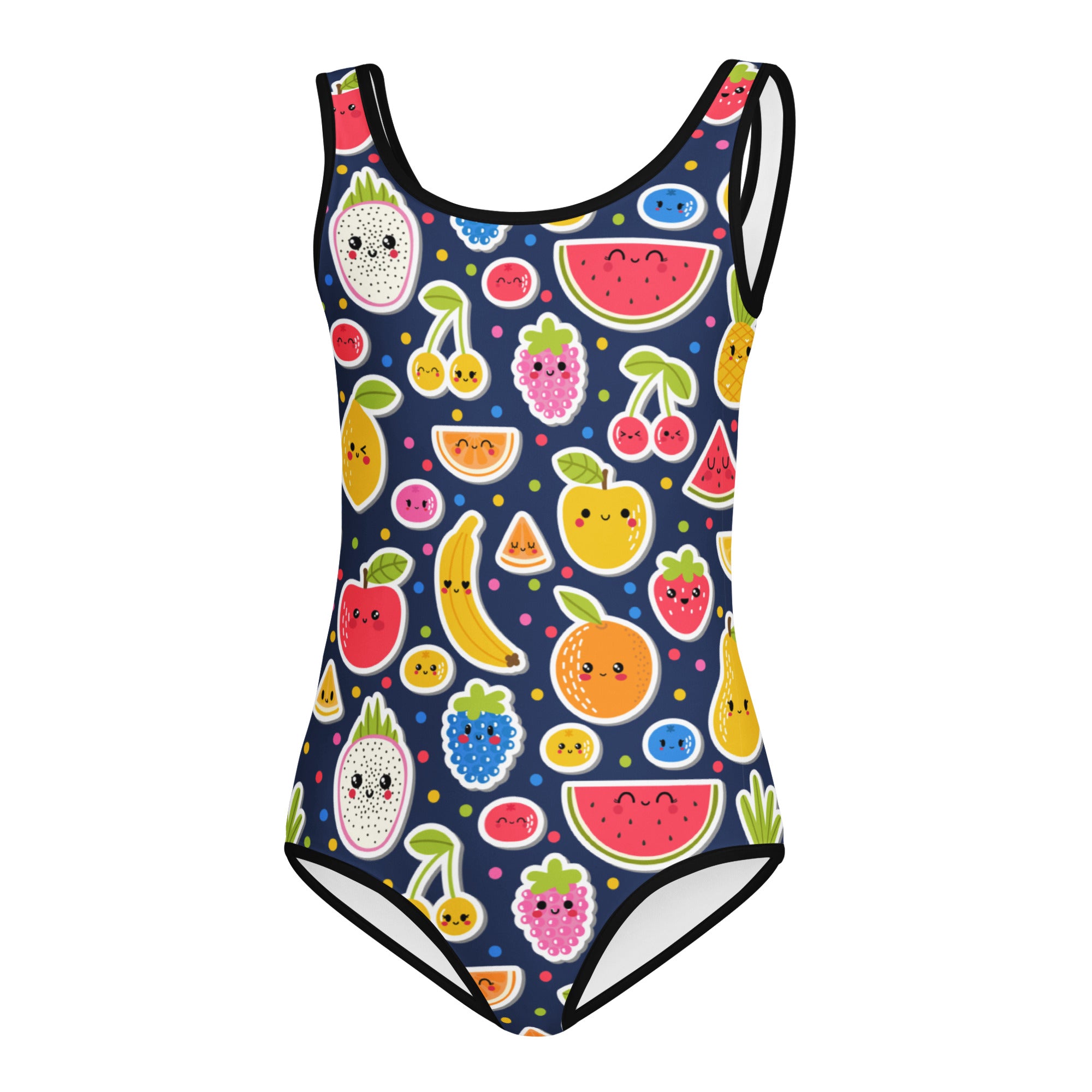 A navy blue girls emoji fruit buttery soft quick drying leotard with colorful smiling fruit pattern for dance