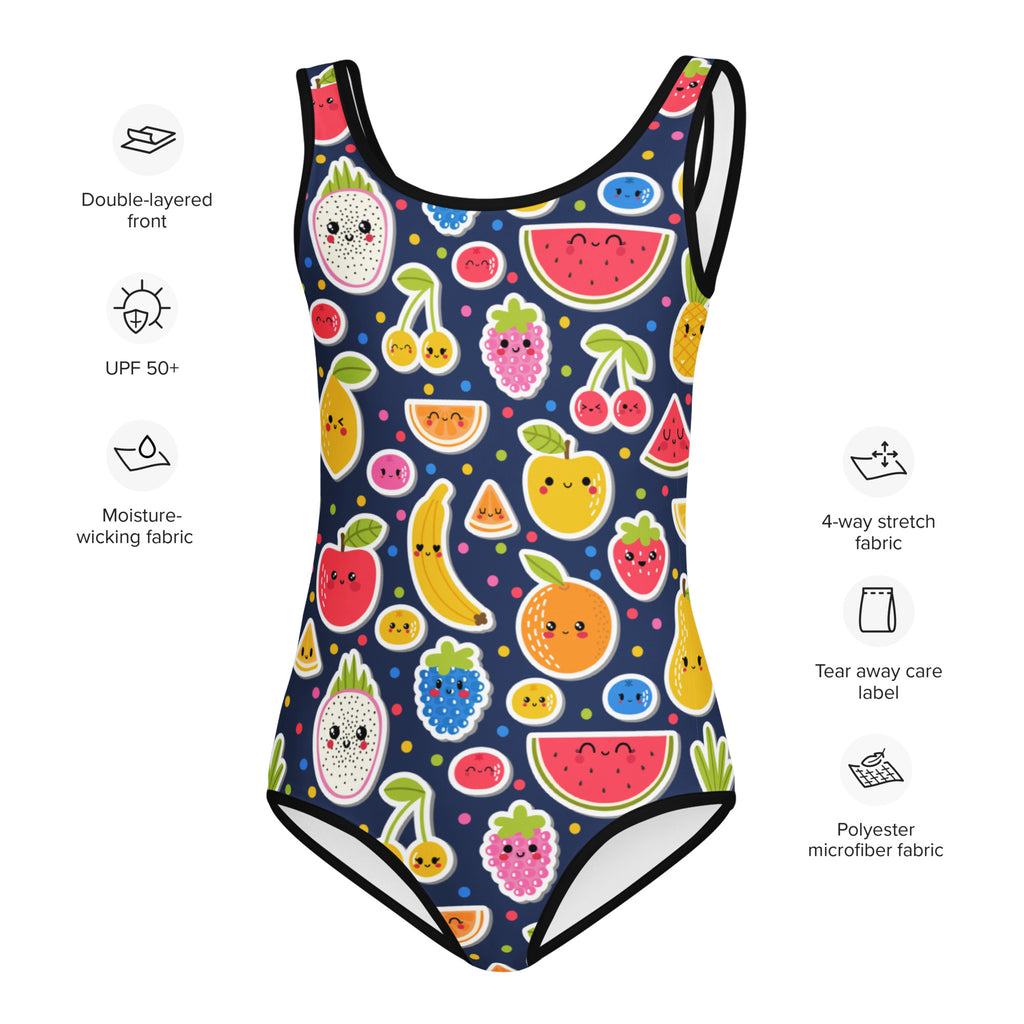 Girls emoji fruit buttery soft navy blue one-piece swimsuit with cartoon fruits for dance and gymnastics quick drying