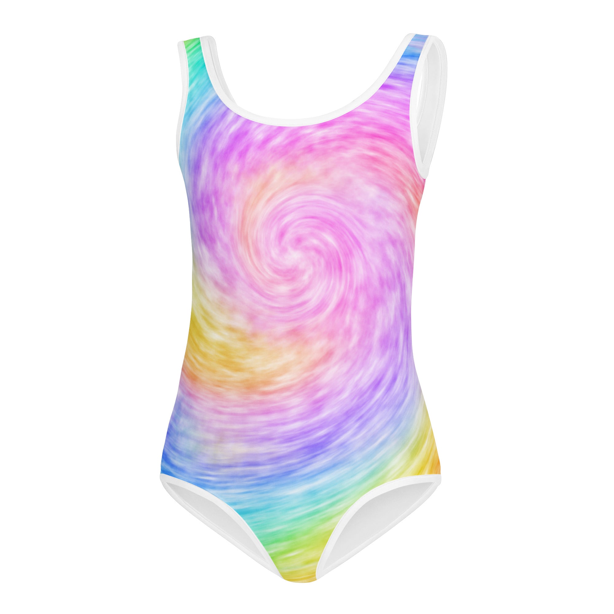 Girls rainbow tie dye buttery soft one-piece swimsuit with white trim quick drying for dance and gymnastics
